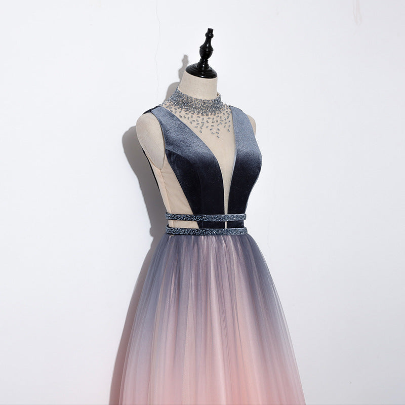 Blue and Pink Gradient Tulle Velvet Top Low Back Long Party Dress, A-l