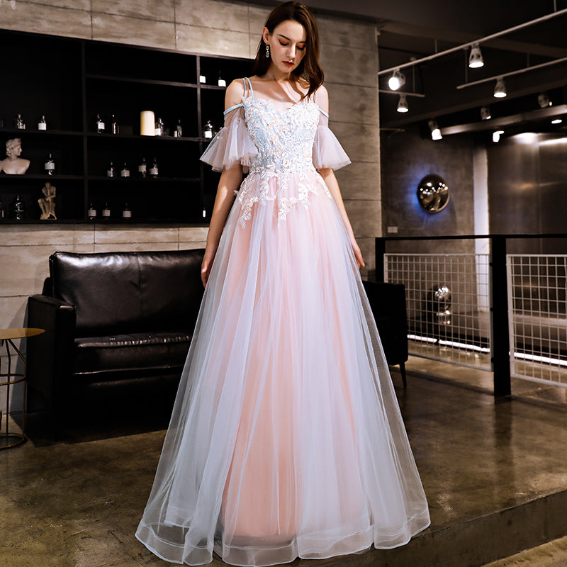 Blue and Pink Off Shoulder Floor Length with Lace Applique Party Dress