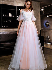 Blue and Pink Off Shoulder Floor Length with Lace Applique Party Dress, Pink Formal Dress Prom Dress