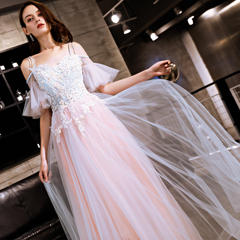 Blue and Pink Off Shoulder Floor Length with Lace Applique Party Dress