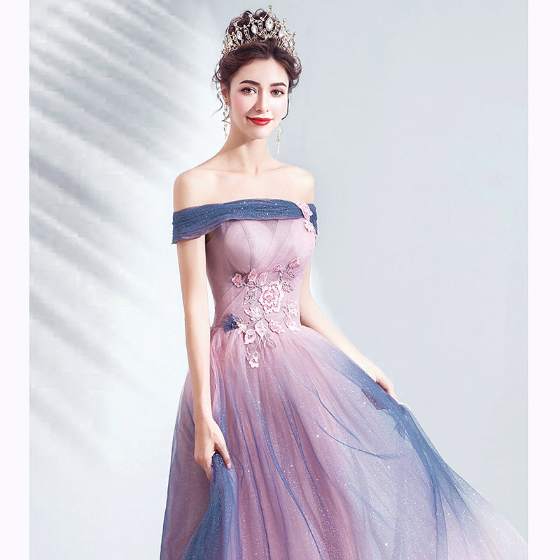 Blue and Pink Tulle Shiny Gradient Off Shoulder Party Dress, A-line Lo Cutedressy Blue and Pink Tulle Shiny Gradient Off Shoulder Party Dress, A-line Lo Cutedressy