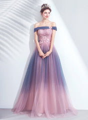 Blue and Pink Tulle Shiny Gradient Off Shoulder Party Dress, A-line Long Formal Evening Dress
