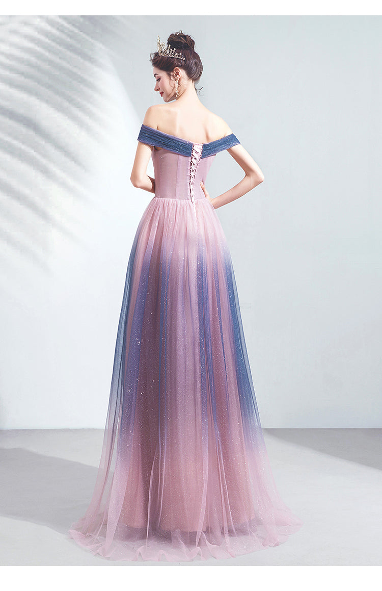 Blue and Pink Tulle Shiny Gradient Off Shoulder Party Dress, A-line Lo Cutedressy Blue and Pink Tulle Shiny Gradient Off Shoulder Party Dress, A-line Lo Cutedressy
