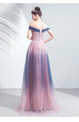 Blue and Pink Tulle Shiny Gradient Off Shoulder Party Dress, A-line Long Formal Evening Dress