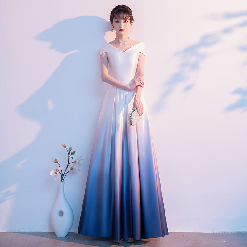 Blue and White Gradient Satin A-line Bridesmaid Dress, Off Shoulder Lo Cutedressy Blue and White Gradient Satin A-line Bridesmaid Dress, Off Shoulder Lo Cutedressy