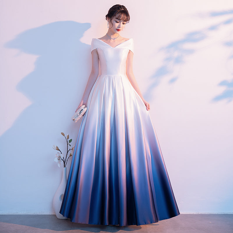 Blue and White Gradient Satin A-line Bridesmaid Dress, Off Shoulder Lo Cutedressy Blue and White Gradient Satin A-line Bridesmaid Dress, Off Shoulder Lo Cutedressy
