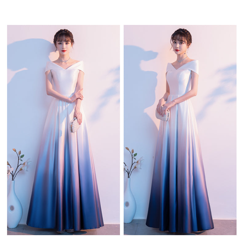 Blue and White Gradient Satin A-line Bridesmaid Dress, Off Shoulder Long Evening Dress