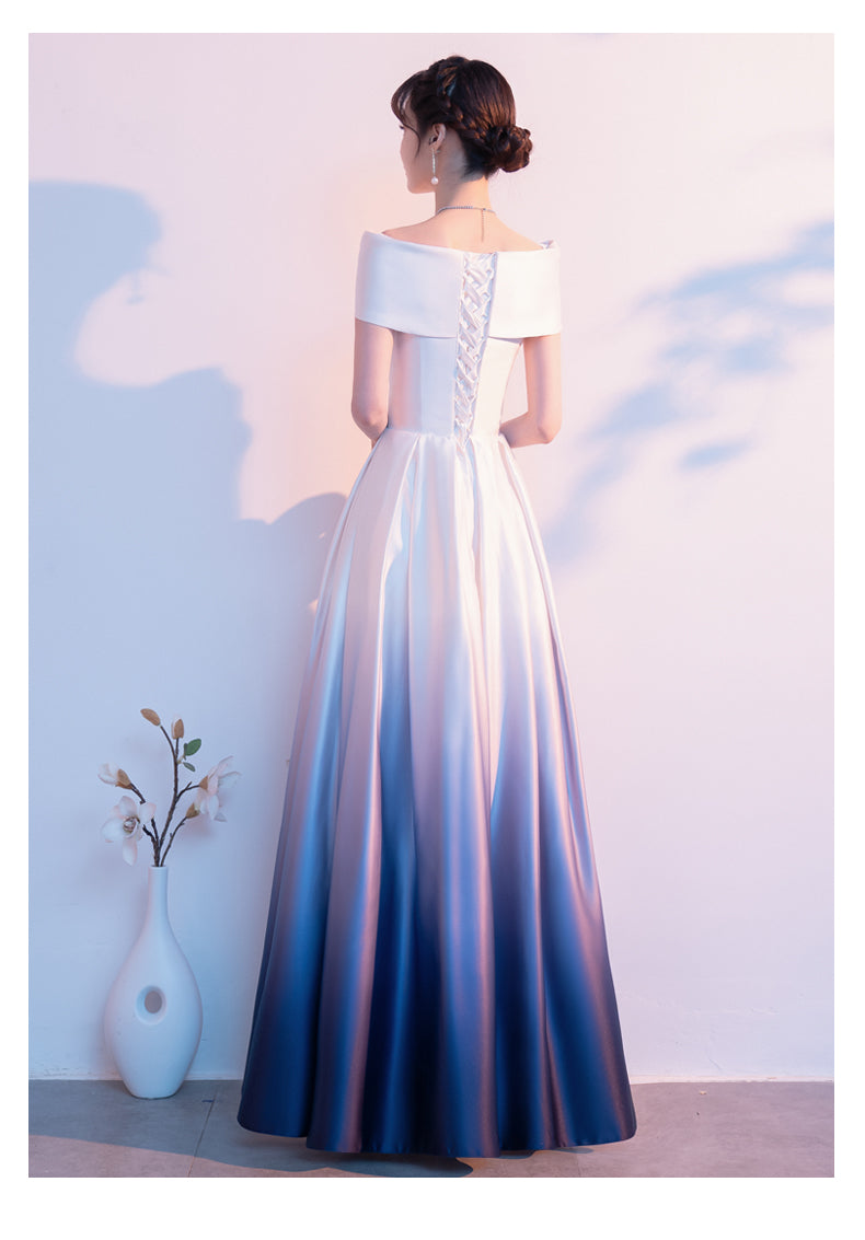 Blue and White Gradient Satin A-line Bridesmaid Dress, Off Shoulder Lo Cutedressy Blue and White Gradient Satin A-line Bridesmaid Dress, Off Shoulder Lo Cutedressy