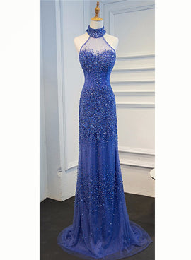 Blue Tulle Sweep Train Halter Sheer Back Beading Prom Dress, Long Party Dress
