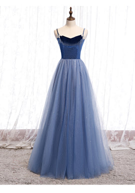 Light Blue Velvet and Tulle Long Formal Dress, Simple Blue Bridesmaid Dress