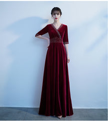Burgundy V-neckline Beaded Velvet Floor Length Party Dress, A-line Prom Dresses Bridesmaid Dresses