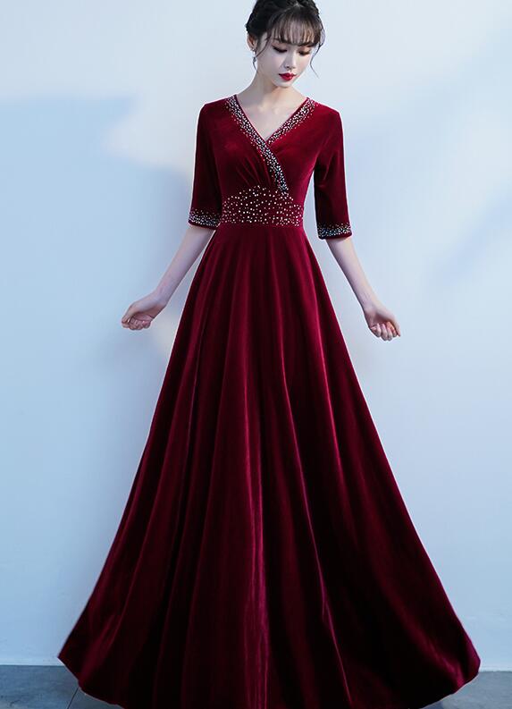 Burgundy V-neckline Beaded Velvet Floor Length Party Dress, A-line Pro Cutedressy Burgundy V-neckline Beaded Velvet Floor Length Party Dress, A-line Pro Cutedressy