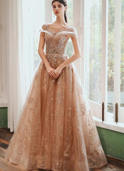 Champagne Cap Sleeves Tulle Long Party Dress, New Style Long Prom Dress Party Dress