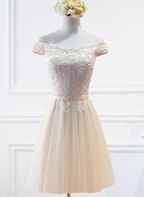 Champagne Lace Applique Off Shoulder Tulle Party Dress Homecoming Dres – Cutedressy