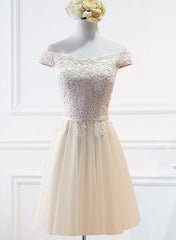 Champagne Lace Applique Off Shoulder Tulle Party Dress Homecoming Dress, Tulle Short Prom Dress 