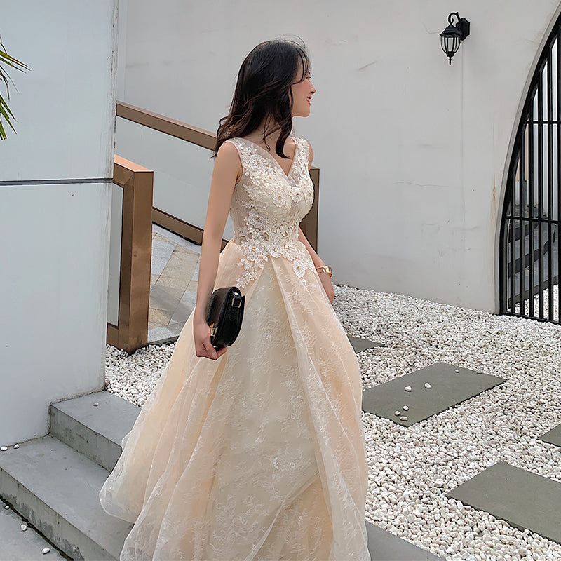 Champagne Lace V-neckline Tulle Long Evening Dress Prom Dress, A-line Cutedressy Champagne Lace V-neckline Tulle Long Evening Dress Prom Dress, A-line Cutedressy