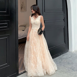 Champagne Lace V-neckline Tulle Long Evening Dress Prom Dress, A-line Lace Formal Dresses