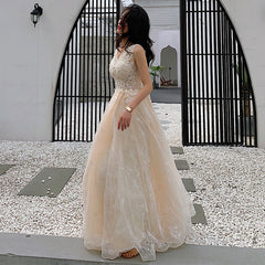 Champagne Lace V-neckline Tulle Long Evening Dress Prom Dress, A-line Lace Formal Dresses