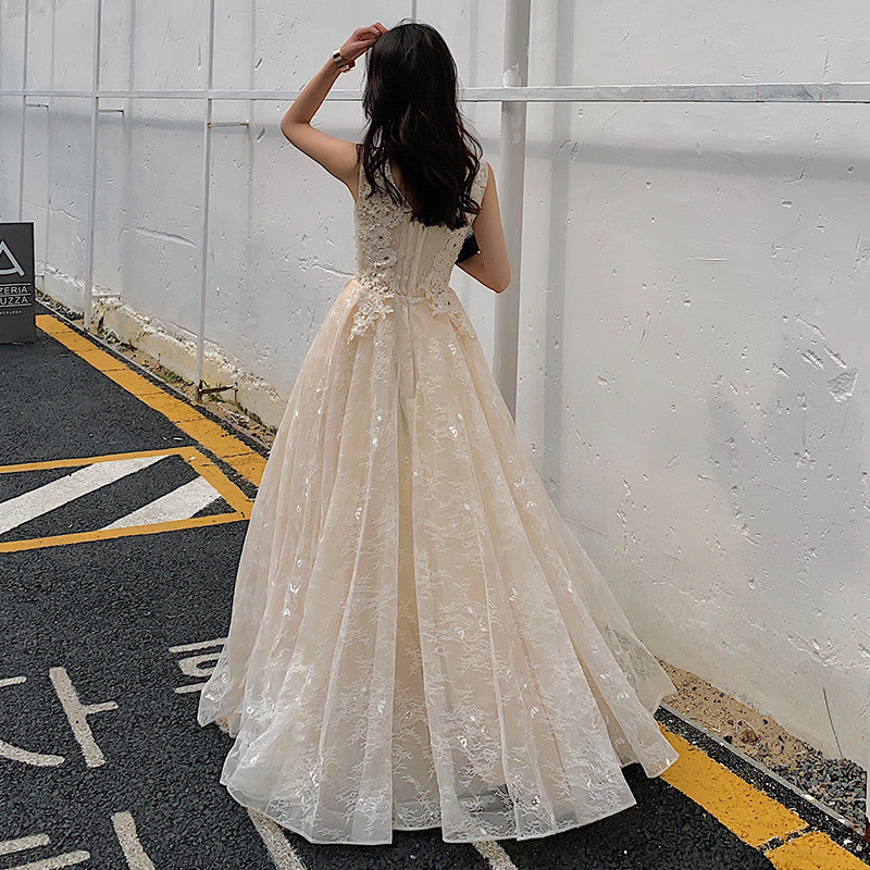 Champagne Lace V-neckline Tulle Long Evening Dress Prom Dress, A-line Cutedressy Champagne Lace V-neckline Tulle Long Evening Dress Prom Dress, A-line Cutedressy