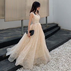 Champagne Lace V-neckline Tulle Long Evening Dress Prom Dress, A-line Lace Formal Dresses