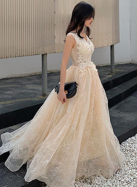 Champagne Lace V-neckline Tulle Long Evening Dress Prom Dress, A-line Lace Formal Dresses