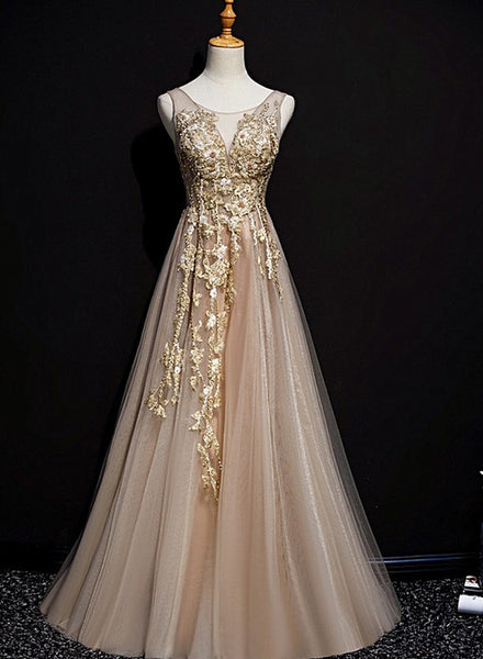 Champagne Lace and Flowers Beaded Tulle Long Prom Dress, A-line V-neck –  Cutedressy