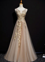 Champagne Lace and Flowers Beaded Tulle Long Prom Dress, A-line V-neckline Evening Dresses