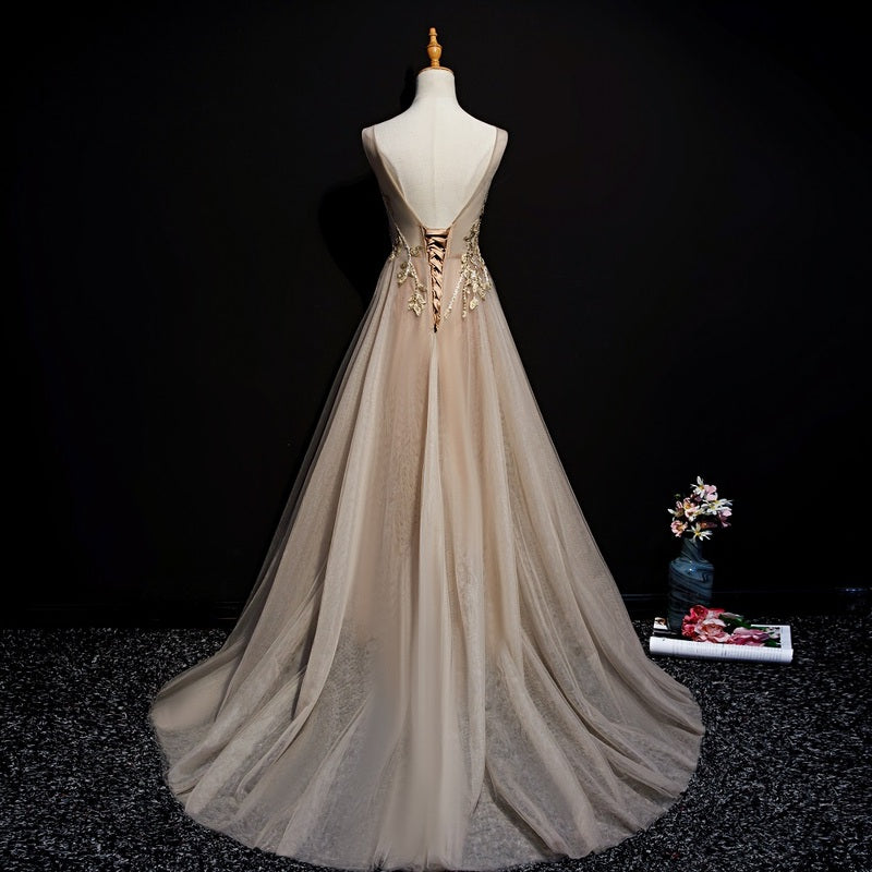 Champagne Lace and Flowers Beaded Tulle Long Prom Dress, A-line V-neck Cutedressy Champagne Lace and Flowers Beaded Tulle Long Prom Dress, A-line V-neck Cutedressy