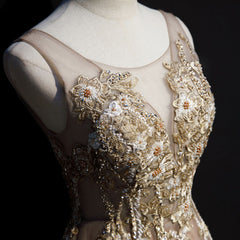 Champagne Lace and Flowers Beaded Tulle Long Prom Dress, A-line V-neck Cutedressy Champagne Lace and Flowers Beaded Tulle Long Prom Dress, A-line V-neck Cutedressy