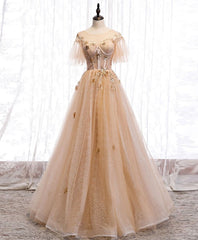 Champagne Puffy Sleeves Tulle Long Evening Dress Party Dress, A-line Tulle Prom Dresses