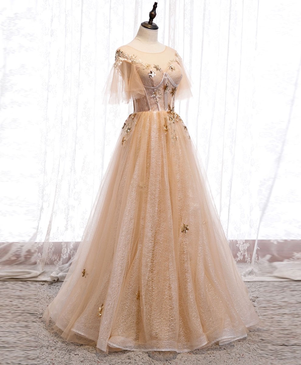 Champagne Puffy Sleeves Tulle Long Evening Dress Party Dress, A-line Tulle Prom Dresses