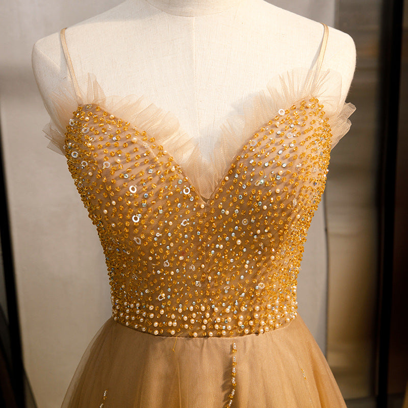 Champagne Sequins Tulle Straps Long Evening Dress Party Dress, Sweethe Cutedressy Champagne Sequins Tulle Straps Long Evening Dress Party Dress, Sweethe Cutedressy