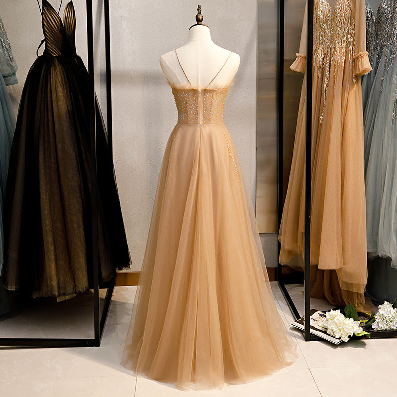 Champagne Sequins Tulle Straps Long Evening Dress Party Dress, Sweetheart Prom Dress