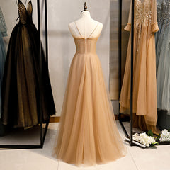 Champagne Sequins Tulle Straps Long Evening Dress Party Dress, Sweetheart Prom Dress