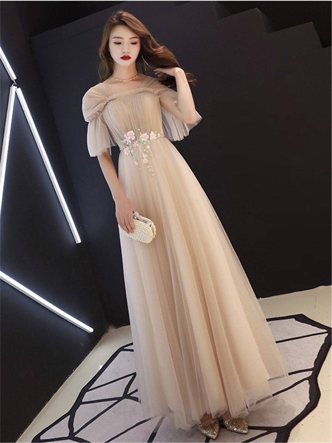 Champagne Tulle A-line Off Shoulder Formal Dress with Flowers, Simple Prom Dresses Party Dress