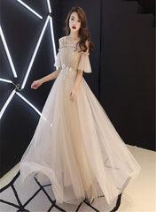 Champagne Tulle A-line Off Shoulder Formal Dress with Flowers, Simple Prom Dresses Party Dress
