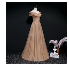 Champagne Tulle Beaded Floor Length Long Party Dress Prom Dress, A-line Tulle Formal Gown