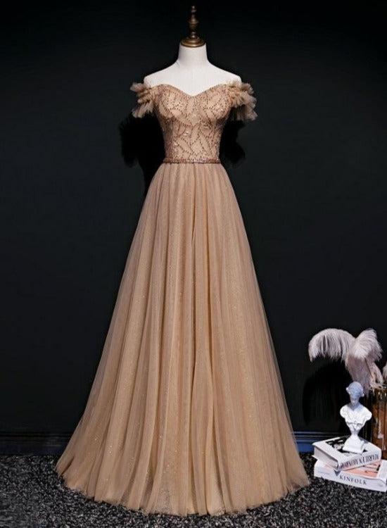 Champagne Tulle Beaded Floor Length Long Party Dress Prom Dress, A-line Tulle Formal Gown