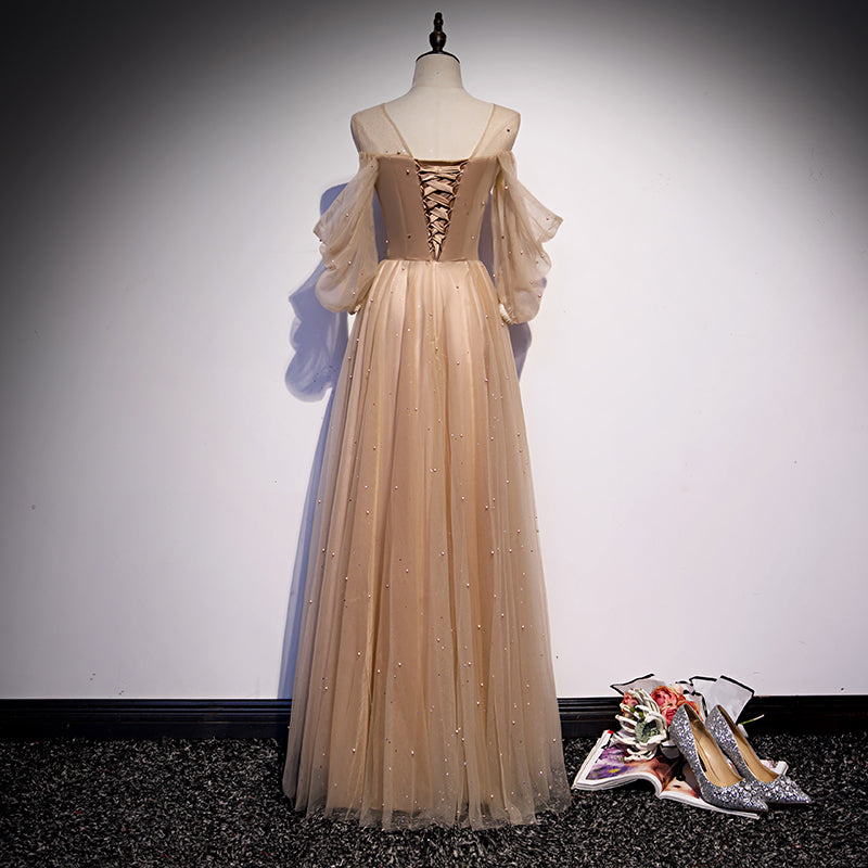 Champagne Tulle Long Puffy Sleeves Party Dresses, Beautiful Floor Leng Cutedressy Champagne Tulle Long Puffy Sleeves Party Dresses, Beautiful Floor Leng Cutedressy
