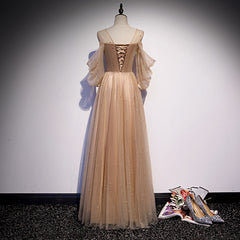 Champagne Tulle Long Puffy Sleeves Party Dresses, Beautiful Floor Length Prom Dresses