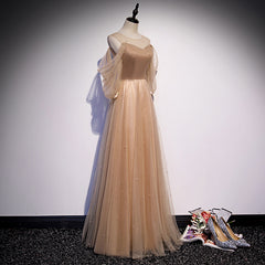 Champagne Tulle Long Puffy Sleeves Party Dresses, Beautiful Floor Length Prom Dresses