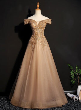 Champagne Tulle Off Shoulder Lace Applique Party Dress, A-line Floor Length Long Evening Dress
