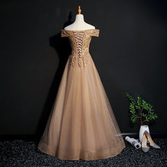 Champagne Tulle Off Shoulder Lace Applique Party Dress, A-line Floor Length Long Evening Dress