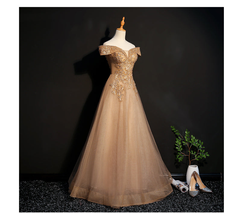 Champagne Tulle Off Shoulder Lace Applique Party Dress, A-line Floor Length Long Evening Dress