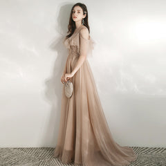 Champagne Tulle Off Shoulder Long Party Dress with Lace, A-line Tulle Evening Dress Prom Dress