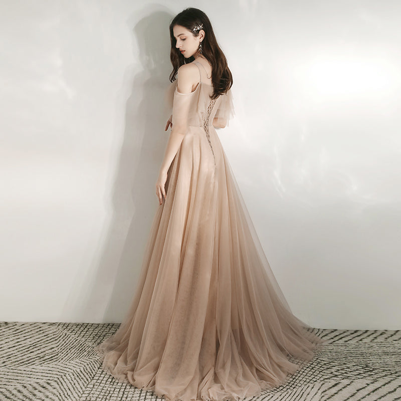 Champagne Tulle Off Shoulder Long Party Dress with Lace, A-line Tulle Evening Dress Prom Dress