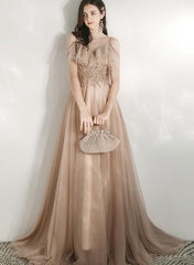 Champagne Tulle Off Shoulder Long Party Dress with Lace, A-line Tulle Evening Dress Prom Dress