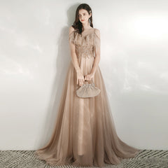 Champagne Tulle Off Shoulder Long Party Dress with Lace, A-line Tulle Evening Dress Prom Dress