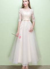 Champagne Tulle Round Neckline with Lace Applique Wedding Party Dresses, Lovely Tulle Party Dresses