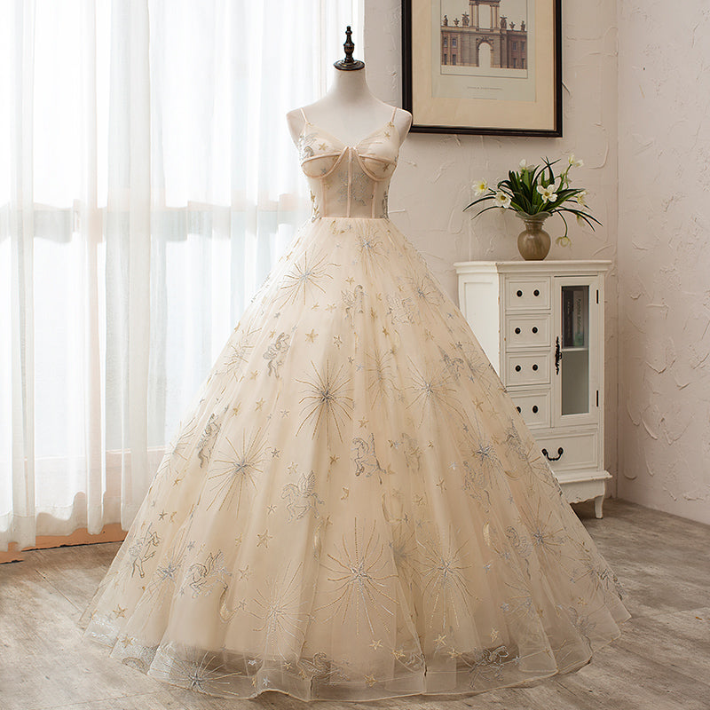 Light Champagne Tulle Ball Gown Straps Sweet 16 Gown, Ball Gown Long Formal Dress